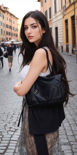 ULTRARELISTIC BEAUTIFUL WOMAN, GREEN EYES AND BLACK LONG HAIR, Extremely realistic, photorealistic dressed as a tourist in Rome, Italy.
