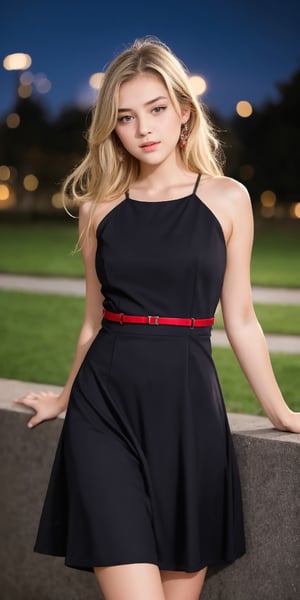 1girl, Beautiful young woman, blonde, upper body, (in red and black dress), night, park, realistic

12 years old