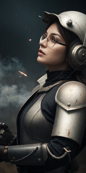 (Best Quality, highly detailed, Masterpiece:1.2), 16k, depth of field, Scenes with high tension, camera movement, anime Characters, dim lighting, Depth of field, details skin Texture, clothes Normal, grey tone, steampunk style, extreme closeup, woman, Scholars, mecha rabbit ears,  glasses, mecha armor on the arm, shoulder armor, Rusty, white blouse, ascot, Jodhpurs, Nobles clothes, giant clock background, Precision clock, Hollow out clock, glass, Clock Tower, Industrial era, smoke spark, dust, glowing effect, (Fantasy aesthetic style), (realistic light and shadow), (real and delicate background),mecha