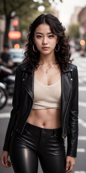 New York City,avenue,street,trees,
20 yo, 1 girl, beautiful korean girl, riding on a black Harley Davidson,wearing biker jacket,leather pants,boots,leather glove,solo, {beautiful and detailed eyes}, dark eyes, calm expression, delicate facial features, ((model pose)), Glamor body type, (dark hair:1.2),hair_past_waist,curly hair,very long hair,simple tiny earrings,simple tiny necklace, flim grain, realhands, masterpiece, Best Quality, 16k, photorealistic, ultra-detailed, finely detailed, high resolution, perfect dynamic composition, beautiful detailed eyes, eye smile, ((nervous and embarrassed)), sharp-focus, full_body, cowboy_shot,