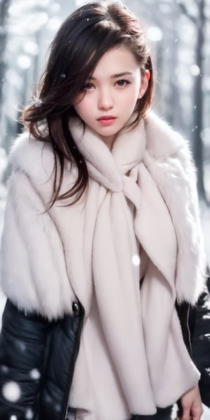 best quality,HDR,UHD,8K,Vivid Colors,solo,photo_,(1girl:1.3),(standing:1.3),(looking at viewer:1.4),Elegant,detailed gorgeous face,(upper body:1.2),bright,(snowing background:1.2),(pale skin:1.4),,Twinkle,pink coat,fur collar,bow