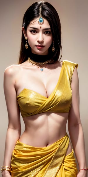 identical face, a 35year gorgeous woman with dark hair, elegant indian- woman, tight thai,  dark brown aerola, realistic, body height 5.5 feet, realistic image, yellow saree red blause, gold necklace, diamond bracelet,hot look, 