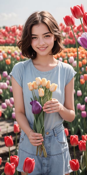 absurdres,  highres,  ultra detailed,  (1girl:1.3), smile , sunlight , lens flare reflection,lomography,  analog photography,  vibrant colors,  soft focus,  light leaks,  dreamy atmosphere,  experimental charm,  nostalgic appeal, looking into the viewer, tulips flower farm in bg, holding 1 tulip flower in right hand, perfect fingers,