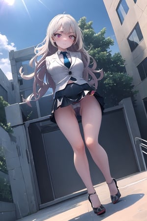 masterpiece, best quality, Ray tracing, hdr, volumetric lighting,1girl, Blonde with beachy waves, (blind_eyes, blank eyes), (white_eyes), and a slender figure, downtown building outside, microskirt,panties(from below:1.3), (low angle shot:1.3),cameltoe view, cameltoe, (armless), (formal, pencil skirt, colourful suit, business suit, colourul blouse), (heels, louboutins, so kates), (very_long_hair), full_body