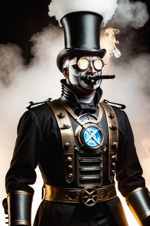 
Imagina una fotografía tomada en la oscuridad de la noche, donde la única fuente de luz es el destello repentino de un flash que ilumina la escena. En el centro, un payaso vestido con atuendos steampunk se convierte en el protagonista. Su sonrisa es exageradamente amplia, casi desafiando los límites de la expresión humana, mientras su rostro se acerca a la cámara con una intensidad inquietante.

La perspectiva de gran angular y la vista baja añaden una sensación de dramatismo a la imagen, como si estuvieras mirando hacia arriba hacia una figura imponente y misteriosa. La calidad cinematográfica, hiperrealista y ultradetallada de la foto hace que cada textura y sombra cobre vida, casi como si pudieras alcanzar y tocar la tela desgastada del traje del payaso o sentir la frialdad del metal de sus adornos.

La resolución 4K resalta cada detalle con claridad prístina, desde las sutiles arrugas de la piel hasta los hilos individuales de la tela. A pesar de la modernidad de la imagen, hay un aire de nostalgia vintage, acentuado por los bordes dañados de la fotografía que sugieren un pasado lejano y olvidado.