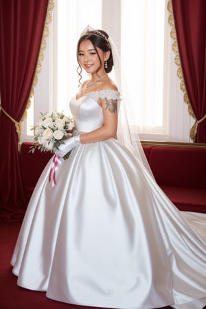 Prompt: 1girl, solo, wearing a white shimmering satin and tulle ballgown wedding dress with big puffy princess skirt, long train, with a long veil, bow on belt, and tiara and diamond earrings and necklace, white satin elbow length opera gloves, highly detailed, realistic, HD, 4k, professional photograph, vibrant colors and background, smiling, in a palace, holding bouquet ,Bella poarch 