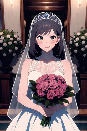 1girl, solo, mei mei, 1girl, jujutsu kaisen, solo, wedding dress, white dress, satin, lace, ballgown style, smiling, , holding bouquet, cute, beautiful, perfect face, perfect hands , detailed, veil, tiara, hd, 8k, (masterpiece), best quality, expressive eyes, perfect face, at a Japanese, garden, blushing
