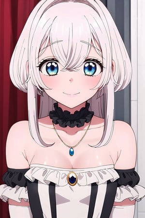 Towa, 1girl, solo, long hair, looking at viewer, smile, blue eyes, shirt, hair between eyes, closed mouth, collarbone, 1girl, solo, dress, gloves, jewelry, fake_screenshot, elbow_gloves, necklace, earrings, black_gloves, bare_shoulders, strapless_dress, standing, hair_bun, black_dress, single_hair_bun upper body, white hair, sidelocks, hair intakes, portrait, crossed bangs, dot nose