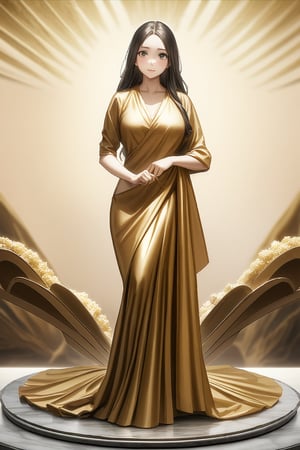 takagi San, a woman in a gold sari posing for a picture, a marble sculpture by Raja Ravi Varma, trending on cg society, samikshavad, movie still, uhd image, ultra hd