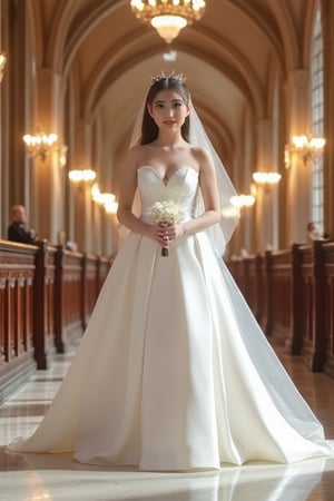 momo, wearing a white satin ballgown wedding dress, opera gloves, veil, tiara, bow belt, holding bouquet, walking down the aisle in a grand cathedral, realistic, HD, 4k, crisp resolution,  masterpiece, best quality, ultra-detailed, ultra high res, (photorealistic:1.4), raw photo, (realistic:0.2), CG, {4k|8k} HDR, perfect lighting, 1girl, solo, looking at viewer,  (detailed background :1.1), ((masterpiece)), (best quality), perfect anatomy, highres, detailed, (8k), photorealistic,best quality, ultra highres,  ((detailed face)), full_body