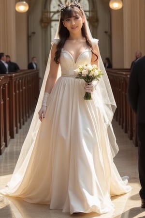 momo, wearing a white satin ballgown wedding dress, opera gloves, veil, tiara, bow belt, holding bouquet, walking down the aisle in a grand cathedral, realistic, HD, 4k, crisp resolution,  masterpiece, best quality, ultra-detailed, ultra high res, (photorealistic:1.4), raw photo, (realistic:0.2), CG, {4k|8k} HDR, perfect lighting, 1girl, solo, looking at viewer,  (detailed background :1.1), ((masterpiece)), (best quality), perfect anatomy, highres, detailed, (8k), photorealistic,best quality, ultra highres,  ((detailed face)), full_body