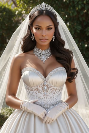 Evelyn Lozada modeling in a majestic, outdoor setting, adorned in a shimmering white satin bridal gown boasting a voluminous princess skirt, an elongated trail, a harmoniously fascinating veil, and an intricately laced and diamond-encrusted bodice with a bow. Victorian style wedding gown with lace, frills and ribbons. Elaborate victorian updo hairstyle. ribbon belt on waist, Crowning her head is a princess's tiara, while diamond earrings and necklace sparkle in contrast with the white satin of her elbow-length opera gloves, realistic, 4k, hd, detailed, perfect anatomy, perfect hands, perfect face ,photorealistic