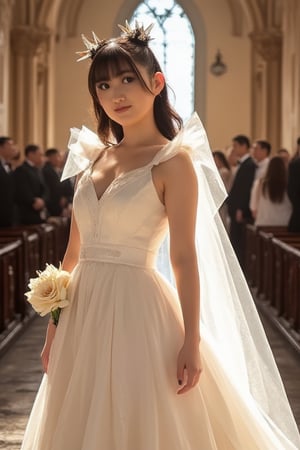 momo, wearing a white satin ballgown wedding dress, opera gloves, veil, tiara, bow belt, holding bouquet, walking down the aisle in a grand cathedral, realistic, HD, 4k, crisp resolution,  masterpiece, best quality, ultra-detailed, ultra high res, (photorealistic:1.4), raw photo, (realistic:0.2), CG, {4k|8k} HDR, perfect lighting, 1girl, solo, looking at viewer,  (detailed background :1.1), ((masterpiece)), (best quality), perfect anatomy, highres, detailed, (8k), photorealistic,best quality, ultra highres,  ((detailed face)), full_body