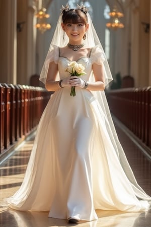 momo, wearing a white satin ballgown wedding dress, opera gloves, veil, tiara, bow belt, holding bouquet, walking down the aisle in a grand cathedral, realistic, HD, 4k, crisp resolution,  masterpiece, best quality, ultra-detailed, ultra high res, (photorealistic:1.4), raw photo, (realistic:0.2), CG, {4k|8k} HDR, perfect lighting, 1girl, solo, looking at viewer,  (detailed background :1.1), ((masterpiece)), (best quality), perfect anatomy, highres, detailed, (8k), photorealistic,best quality, ultra highres,  ((detailed face)), full_body