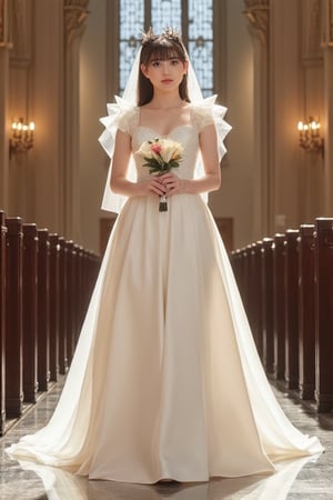 momo, wearing a white satin ballgown wedding dress, opera gloves, veil, tiara, bow belt, holding bouquet, walking down the aisle in a grand cathedral, realistic, HD, 4k, crisp resolution,  masterpiece, best quality, ultra-detailed, ultra high res, (photorealistic:1.4), raw photo, (realistic:0.2), CG, {4k|8k} HDR, perfect lighting, 1girl, solo, looking at viewer,  (detailed background :1.1), ((masterpiece)), (best quality), perfect anatomy, highres, detailed, (8k), photorealistic,best quality, ultra highres,  ((detailed face)), full_body