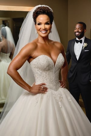 A bride lisaraye mccoy stands in front of a mirror wearing a strapless white ball gown wedding dress with a fitted bodice and voluminous tulle skirt. She also has a long, delicate veil that drapes over her shoulders and back. She has her hair styled in an elegant updo and is smiling softly at the camera. The background features dim lighting with dark-colored walls.