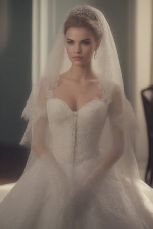 actress ruby rose in a majestic, indoor palace setting, adorned in a shimmering white satin bridal gown boasting a voluminous princess skirt, an elongated trail, a harmoniously fascinating veil, and an intricately laced and diamond-encrusted bodice with a bow. Victorian style wedding gown with lace, frills and ribbons. ribbon belt on waist, Crowning her head is a princess's tiara, (masterpiece), best quality, expressive eyes, perfect face, perfect anatomy, perfect hands, cute smile, bridal makeup, blushing
