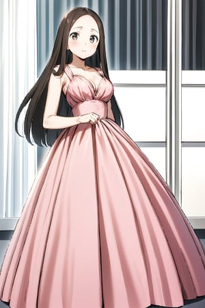 takagi San, A woman wearing a pink satin dress with a sweetheart neckline and a full, flowing skirt. She has long, dark hair and is posing in a room with white curtains in the background. The image has a soft, elegant feel.