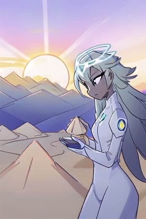 A serene image of a woman in a futuristic spacesuit, meticulously building sandcastles on a vast, sandy planet. The scene is bathed in the soft glow of a distant, alien sun, casting long shadows on the dunes. The woman's pose is focused and graceful, her hands skillfully shaping the sand. The composition captures the vastness of the planet, with the horizon line in the background, emphasizing the solitude and tranquility of the moment.