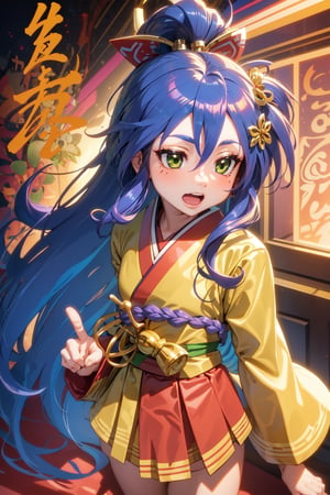 1girl, solo, long hair, konata izumi, flipping off the camera, wearing a yellow and purple kimono, hd, professional animation studio, hair in traditional geisha style with hair ornaments,sera