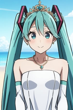 1 adult woman, Hatsune miku modeling at a beach resort setting, adorned in a form fitting satin a line wedding dress  Crowning her head is a tiara and a veil while diamond earrings and necklace sparkle in contrast with the white satin of her elbow-length opera gloves, anime 4k, hd, detailed, perfect anatomy, perfect hands, perfect face, twintails, (masterpiece), best quality, expressive eyes, perfect face, holding bouquet 
