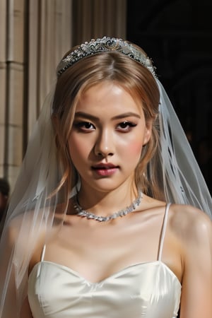 Rose, wearing a white satin ballgown wedding dress, opera gloves, veil, tiara, bow belt, holding bouquet, walking down the aisle in a grand cathedral, realistic, HD, 4k, crisp resolution,  masterpiece, best quality, ultra-detailed, ultra high res, (photorealistic:1.4), raw photo, (realistic:0.2), CG, {4k|8k} HDR, perfect lighting, 1girl, solo, looking at viewer,  (detailed background :1.1), ((masterpiece)), (best quality), perfect anatomy, highres, detailed, (8k), photorealistic,best quality, ultra highres,  ((detailed face)), 