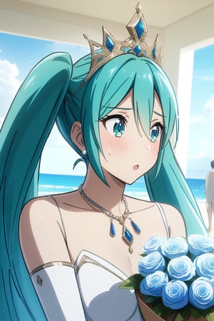 1 adult woman, Hatsune miku modeling at a beach resort setting, adorned in a form fitting satin a line wedding dress  Crowning her head is a tiara and a veil while diamond earrings and necklace sparkle in contrast with the white satin of her elbow-length opera gloves, anime 4k, hd, detailed, perfect anatomy, perfect hands, perfect face, twintails, (masterpiece), best quality, expressive eyes, perfect face, holding bouquet 
