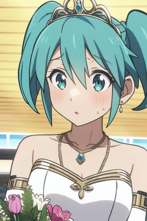 1 adult woman, Hatsune miku modeling at a beach resort setting, adorned in a form fitting satin a line wedding dress  Crowning her head is a tiara and a veil while diamond earrings and necklace sparkle in contrast with the white satin of her elbow-length opera gloves, anime 4k, hd, detailed, perfect anatomy, perfect hands, perfect face, twintails, (masterpiece), best quality, expressive eyes, perfect face, holding bouquet 
