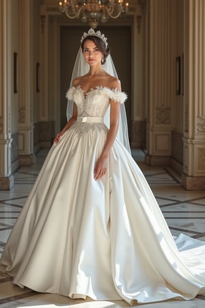 actress ruby rose in a majestic, indoor palace setting, adorned in a shimmering white satin bridal gown boasting a voluminous princess skirt, an elongated trail, a harmoniously fascinating veil, and an intricately laced and diamond-encrusted bodice with a bow. Victorian style wedding gown with lace, frills and ribbons. ribbon belt on waist, Crowning her head is a princess's tiara, (masterpiece), best quality, expressive eyes, perfect face, perfect anatomy, perfect hands, cute smile, bridal makeup, blushing
