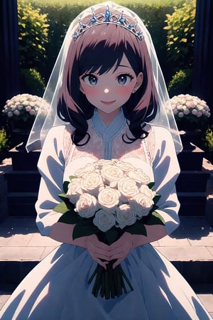 1girl, solo, mei mei, 1girl, jujutsu kaisen, solo, wedding dress, white dress, satin, lace, ballgown style, smiling, , holding bouquet, cute, beautiful, perfect face, perfect hands , detailed, veil, tiara, hd, 8k, (masterpiece), best quality, expressive eyes, perfect face, at a Japanese, garden, blushing
