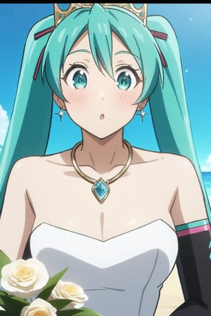 1 adult woman, Hatsune miku modeling at a beach resort setting, adorned in a form fitting satin a line wedding dress  Crowning her head is a tiara and a veil while diamond earrings and necklace sparkle in contrast with the white satin of her elbow-length opera gloves, anime 4k, hd, detailed, perfect anatomy, perfect hands, perfect face, twintails, (masterpiece), best quality, expressive eyes, perfect face, holding bouquet 
