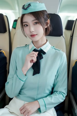 Close up to everything, 16K UHD, (life style:1.4), A french-Taiwanese beautiful Stewardess, super idol face, 24 years old, detailed face, monolid, (bun short haired:1.4), (long-sleeved turquoise green-bue stewardess shirt , white collar, off-white long skirt, black tie:1.4), laying on a plane seat, the light is very bright, spotlight, masterpiece, high quality,(she is wearing a blue-green Stewardess's side cap:1.6),wanpeng, (black pupils:1.2),Seolah,better_hands,Asia,1 girl ,Woman ,solo,imutbgtbos, (full_body shot:1.2)