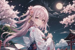 1girl, solo, long hair, looking at viewer, bangs, hair ornament, long sleeves, bow, hair between eyes, very long hair, closed mouth, pink hair, flower, outdoors, japanese clothes, sky, hair flower, wide sleeves, pink eyes, kimono, from side, tree, looking to the side, sash, petals, night, floating hair, obi, floral print, moon, cherry blossoms, night sky, full moon, pink flower, white kimono