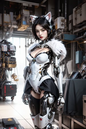 High resolution picture, 1 beautiful semi-mechanical cat girl doll, confident mood, (((black hair and short hair))), dark makeup, dark lip color, sexy figure. ,Show off the cleavage, beautiful breasts(((soft cat doll outfit))) ,soft and fluffy white cat fur,(((human body combined with robot,mechanical legs))),background Living room in pastel tones, soft lighting, bokeh, (((Sexy and seductive theme,nsfw)))