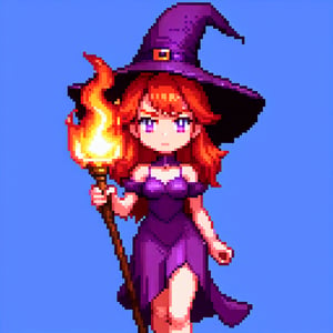 fire witch, red hair, torch, purple dress, good pixel art,pixel art,pixel