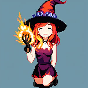 fire witch, 1 girl, good quality, detailed, red hair, dress, smile, full body, closed eyes, Pixel Art,Pixel_Art
