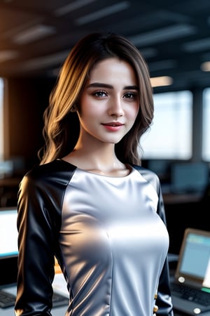 Working Women beautiful young lady 20 age standing talk perfect face eyes hair blonde mouth programmer hacker doctor ceo engineering dress  best quality 16k in Big Cyber rooms Data Ai core in CPU, ,photorealistic,Cartoon,LoRA