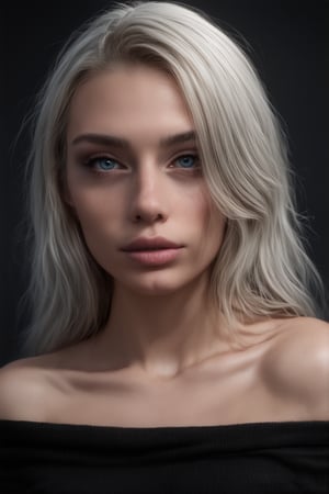 beautiful woman looking at viewer, (best quality, 4K, 8K, high-resolution), ultra-detailed, best detailed, details, skin detailed, photorealism, photorealistic, RAW photo, intricate, elegant, highly detailed, insane details, intricate details, hyper detailed, upper body, medium shot, wearing black off shoulder sweater, long messy white hair, lips, nose, attractive, (freckles:0.7), (blue eyes:1.2), aesthetic jawline, sharp chin, soft cinematic lighting, under the moon, outdoors, dark fantasy, photogenicLDG