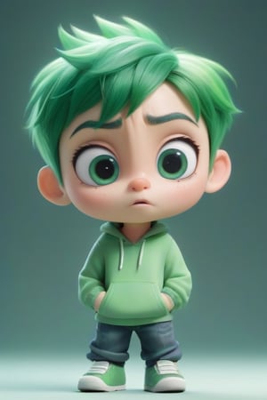 4d photographic image of full body image of a cute little chibi boy, surreal, green hair, vivid colours octane render trending on artstation, artistic photography, photorealistic concept art, soft natural volumetric cinematic perfect light, UHD white background, Dream House, Disney style, Disney Pixar style,score_9, modern Disney