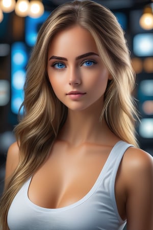masterpiece, best quality, ultra-detailed, ultra high res, (photorealistic:1.4), raw photo, (realistic:0.2), 8k HDR, realistic lighting, 1girl, solo, looking at viewer, asymmetrical long hair, (detailed oily skin), blue eyes, (detailed face), (cyble background :1.1), (upper body:1.5), white tanktop,SDXL
