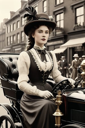 8K, UHD, medium format shot, photo-realistic, taken with Brownie camera, black and white photo, Edwardian Era, early 1900s fashion, year 1896, nostalgia, (victorian women:1.1), vintage gasoline-powered vehicle, detailed car parts, busy 19th Century streets, horse-carriages and men, photorealistic,SDXL