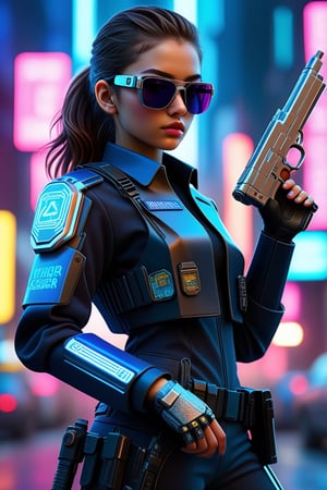 score_9,score_8_up,score_7_up,realistic photo,photorealistic,hyperrealistic,intricate details,1girl,25 years old,policeman,cyber sunglasses,dressed in cyber armor with a holographic outline,an intricate device in his hand,a laser pistol on his belt,cityscape,neon lights,cyberpunk,2077_Style,Beauty