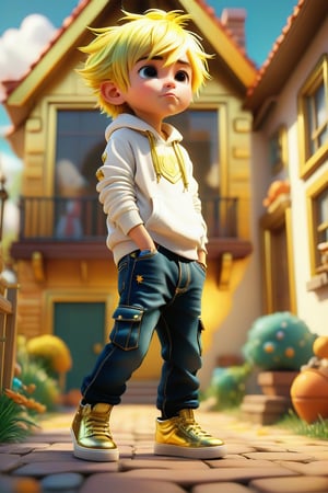 4d photographic image of full body image of a cute little chibi boy, surreal, gold hair, vivid colours octane render trending on artstation, artistic photography, photorealistic concept art, soft natural volumetric cinematic perfect light, UHD white background, Dream House, Disney style, Disney Pixar style,score_9, modern Disney, SDXL,Cartoon,photo r3al,better photography,Beauty