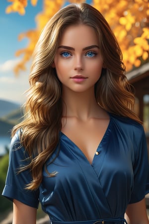 masterpiece, best quality, ultra-detailed, ultra high res, (photorealistic:1.4), raw photo, (realistic:0.2), 8k HDR, realistic lighting, 1girl, solo, looking at the viewer, asymmetrical long hair, (detailed oily skin), blue eyes, (detailed face), (outdoor background:1.1), (upper body:1), dress deep blue professional clothes, SDXL,Beauty