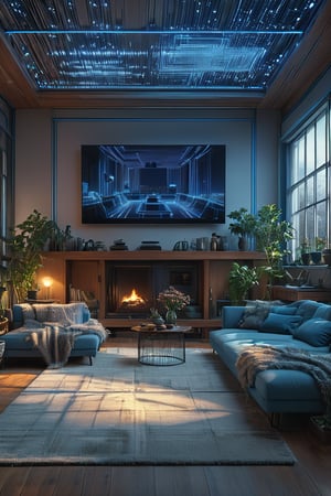 A futuristic POV shot frames a stunning BLUE wireframe of a cozy living room, with a fuzzy background that blends into the atmosphere. Highly detailed and ultra-high resolution (32K UHD), this 3D masterpiece showcases impeccable texture and clarity, as if the viewer is standing right inside the scene.