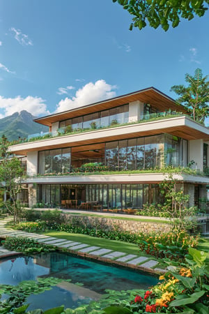 outdoors, sky, day, cloud, water, tree, blue sky, no humans, window, grass, building, scenery, reflection, mountain, house, bridge