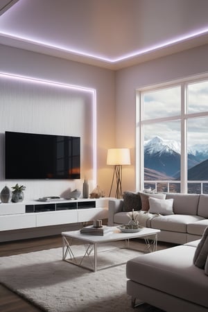 From a futuristic vantage point, the white frames a stunning titanium wireframe of a cozy living room, bathed in soft ambiance. Fuzzy background dissolves into atmosphere, creating an immersive 32K UHD (Ultra High Definition) 3D masterpiece. Highly detailed and textured, this scene transports the viewer to a modern sanctuary.