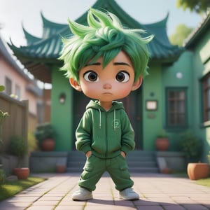 4d photographic image of full body image of a cute little chibi boy, surreal, green hair, vivid colours octane render trending on artstation, artistic photography, photorealistic concept art, soft natural volumetric cinematic perfect light, UHD white background, Dream House, Disney style, Disney Pixar style,score_9, modern Disney, Chinese Tai Chi diagram,SDXL
