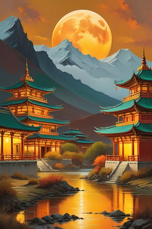 "A surreal, futuristic landscape at dusk with a massive, luminous golden moon dominating the sky, casting a warm glow over everything. The moon should be sharp, detailed, and prominent in the foreground. The background should transition into an abstract, painterly environment featuring indistinct forms and shapes suggesting a Tibetan monastery, rendered in a loose, impressionistic style to emphasize mood and atmosphere over detailed realism. The atmosphere should be hazy and diffuse, with the haze or fog being whiter, creating an ethereal and somewhat dystopian feel. Use balanced colors primarily from a palette of grays, blues, and greens to create depth and atmosphere, while incorporating rust-orange, rust-red, rust-brown, rust-yellow, rust-gold, rust-gray, rust-beige, rust-copper, rust-tan, burnt sienna, raw umber, burnt umber, and yellow ochre for accents. These earthy tones should depict worn, weathered, and aged appearances. Incorporate small, distinct accents of rusty orange-yellows and rusty teals to highlight specific areas and enhance visual interest. Ensure the painting blends impressionism and abstraction seamlessly, creating a rich, immersive setting. Utilize Unreal Engine, Octane Render, Hyper Realistic, Cinematic, Epic, and Matte Painting techniques to achieve a high-quality, detailed, and visually striking result."