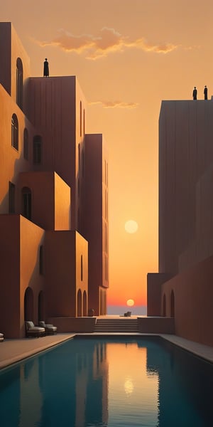 "Create a minimalist image emphasizing the vastness of Paul Chadeisson's designs and the style of René Magritte.", "The scene is set at sunset, with warm, golden hues casting a gentle glow over the architecture, enhancing the tranquil and refined atmosphere. Depict a vast, expansive space scene with breathtaking scale against a grand, immersive outer space background. Feature a massive structure that features simplified forms and geometric shapes, emphasizing clean lines and smooth surfaces. A restrained color palette with neutral tones and minimal accents creates a cohesive and sophisticated look. Unnecessary embellishments are removed, focusing on functionality and clarity. Increased negative space provides a sense of airiness and lightness. High-quality, natural materials with simple finishes add elegance. Proportion and balance ensure harmony, while subtle textures and details add depth without overwhelming the design's simplicity."